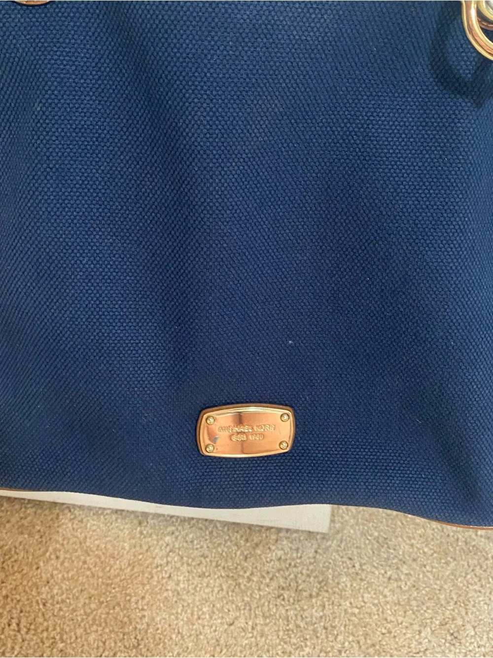 Michael Kors Navy Canvas Tote with Cream Rope Handles and Gold Hardware